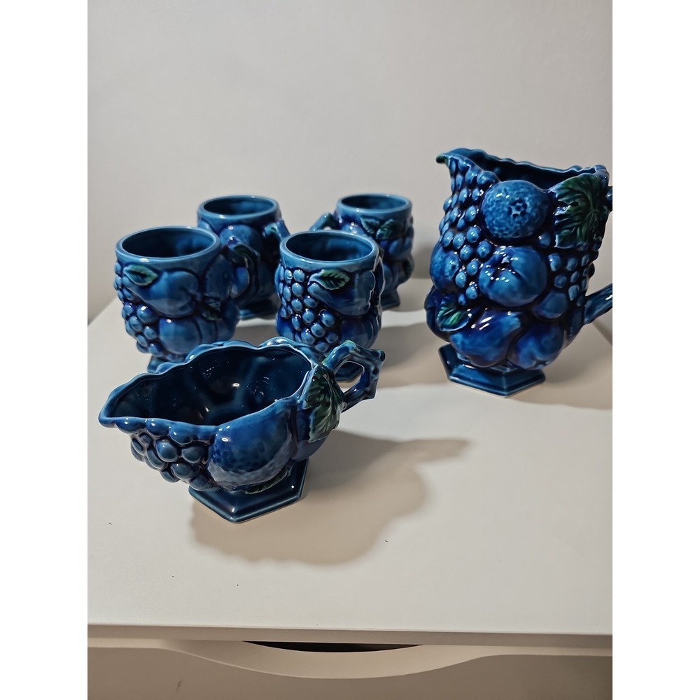 Vintage Mood Indigo Blue-Green Ceramic Fruit Pitcher & 4 Cups by Inarco, Japan